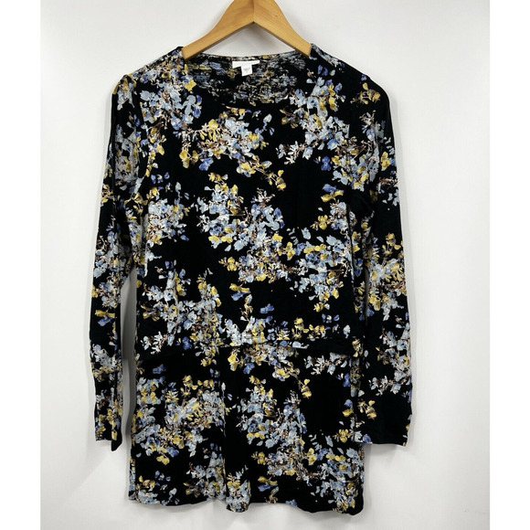 J Jill Shirt Womens Long Sleeve Floral Layered Tunic Top Black Size Small - Picture 1 of 8